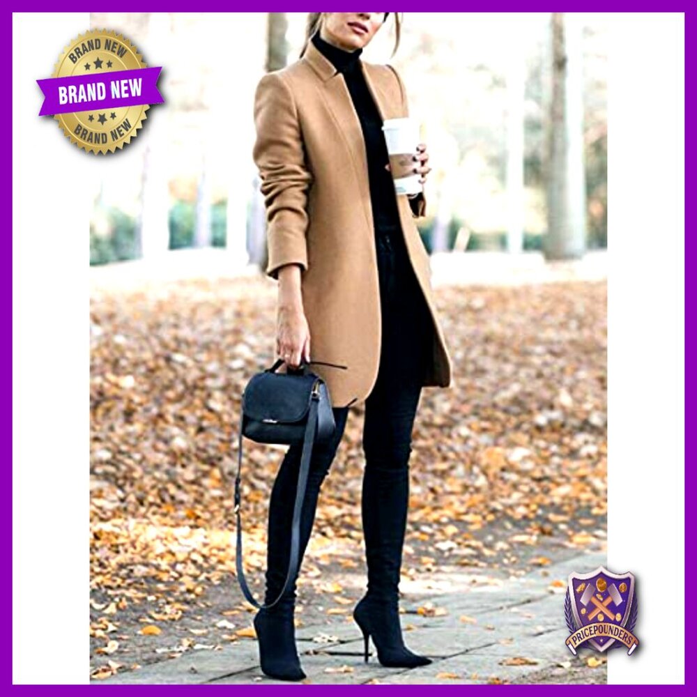 Stand Collar Open Front Pea Coat Mid Long Trench Blazer Elegant Winter Outerwear - Picture 2 of 7